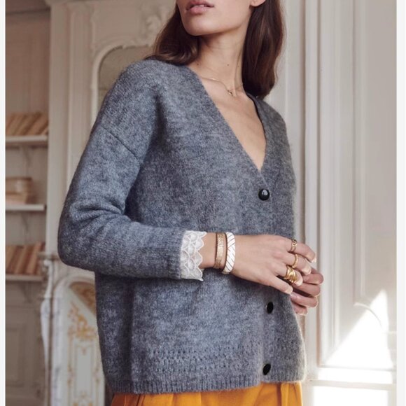 NWT Sezane Charles Cardigan Heather Gray Knit Sweater French Lace Wool - Picture 2 of 9